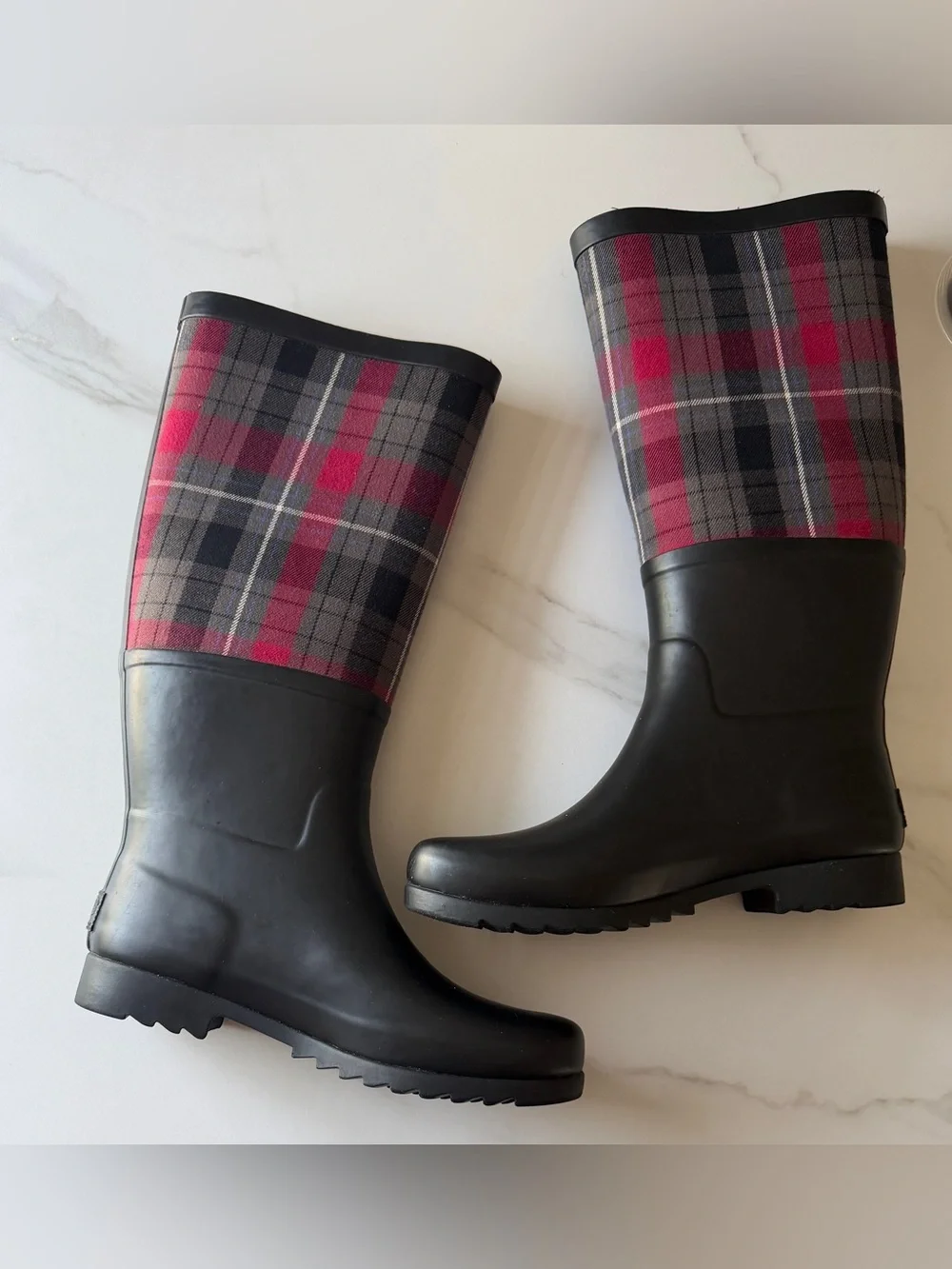 UGG Australia Black Rain Boots with Red & Gray Plaid Shaft